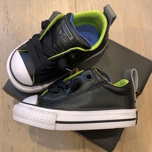 Infant Converse All Star Black/White/Bold Lime Low Slip On Sneaker. Size 3.